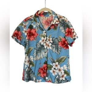 VTG 90's Paradise Bay Men's Hawaiian Shirt Size M Blue Floral Beach Vacay